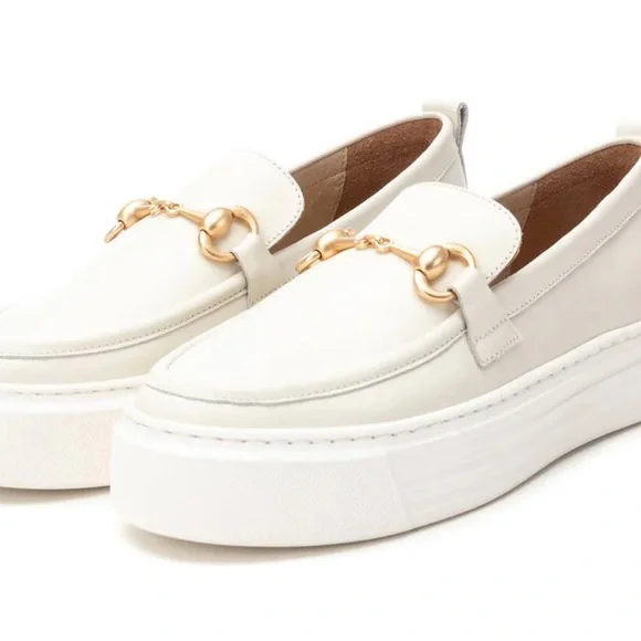 Women's Cream Platform Loafers with Gold Horsebit Detail - Picture 1 of 6